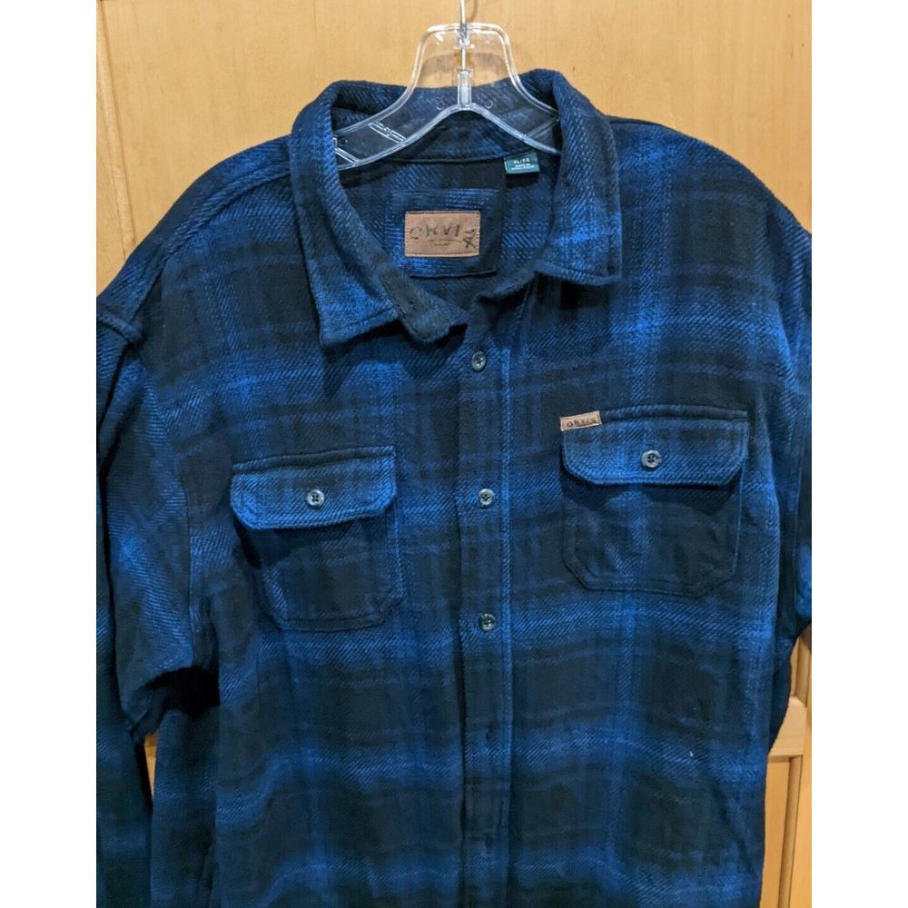 Orvis Mens XL Big Bear Flannel Shacket Shirt Jacket Blue Black Plaid Heavy Thick